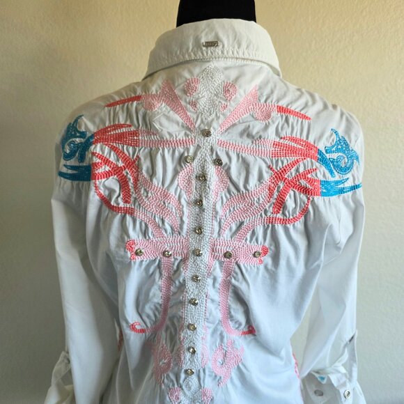 Destined To ROAR White Snap Front Embellished Cotton Blend Western Shirt Size S - Picture 7 of 10